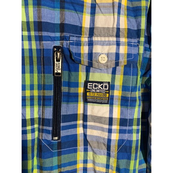 Ecko Unltd Button Up Shirt Short Sleeve Plaid Skater Street Y2K Casual Cotton 3X - Picture 4 of 5